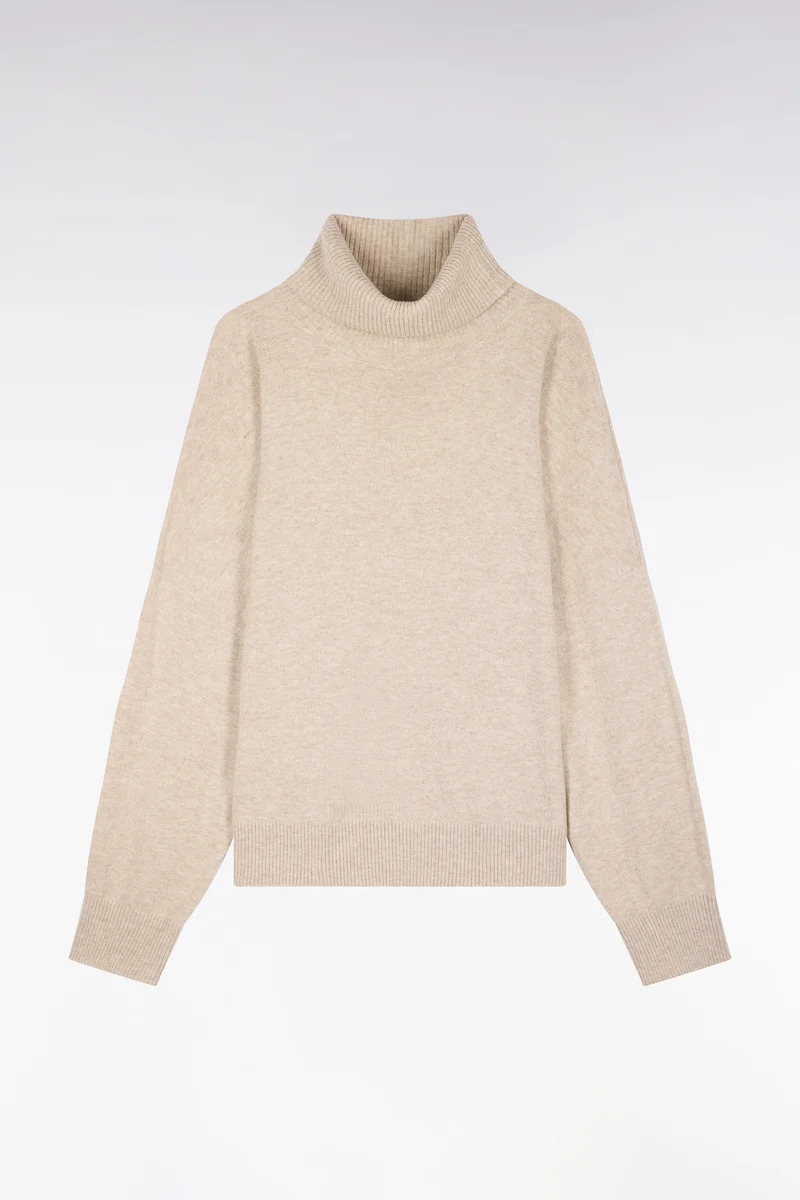 Pull col roulé en laine vierge et cachemire beige
