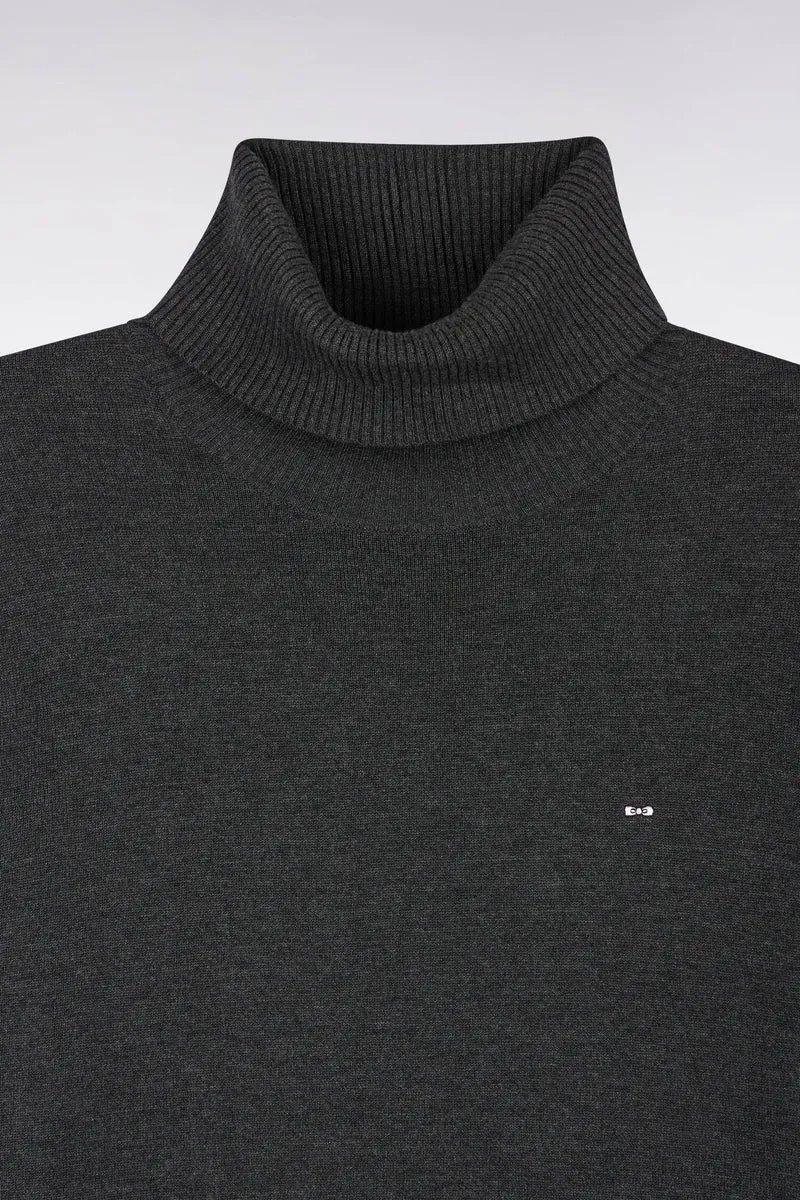 Pull à col roulé en coton et viscose gris foncé coupe droite