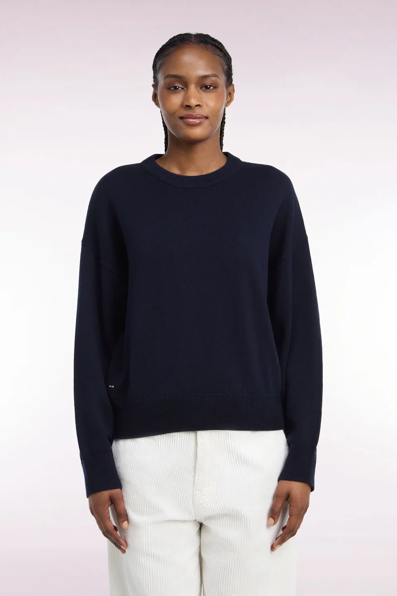 Pull col rond en laine et coton marine coupe oversized