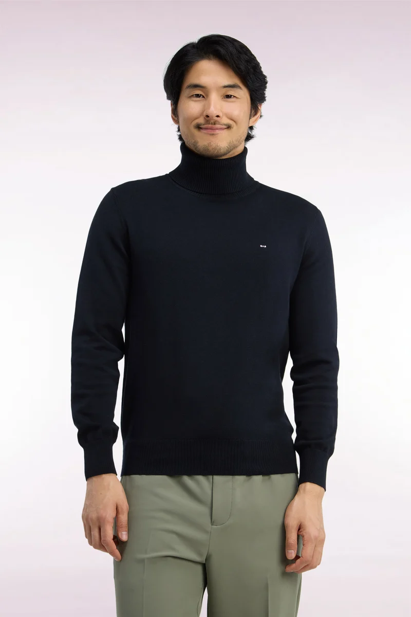 Pull à col roulé en coton et viscose noir coupe droite