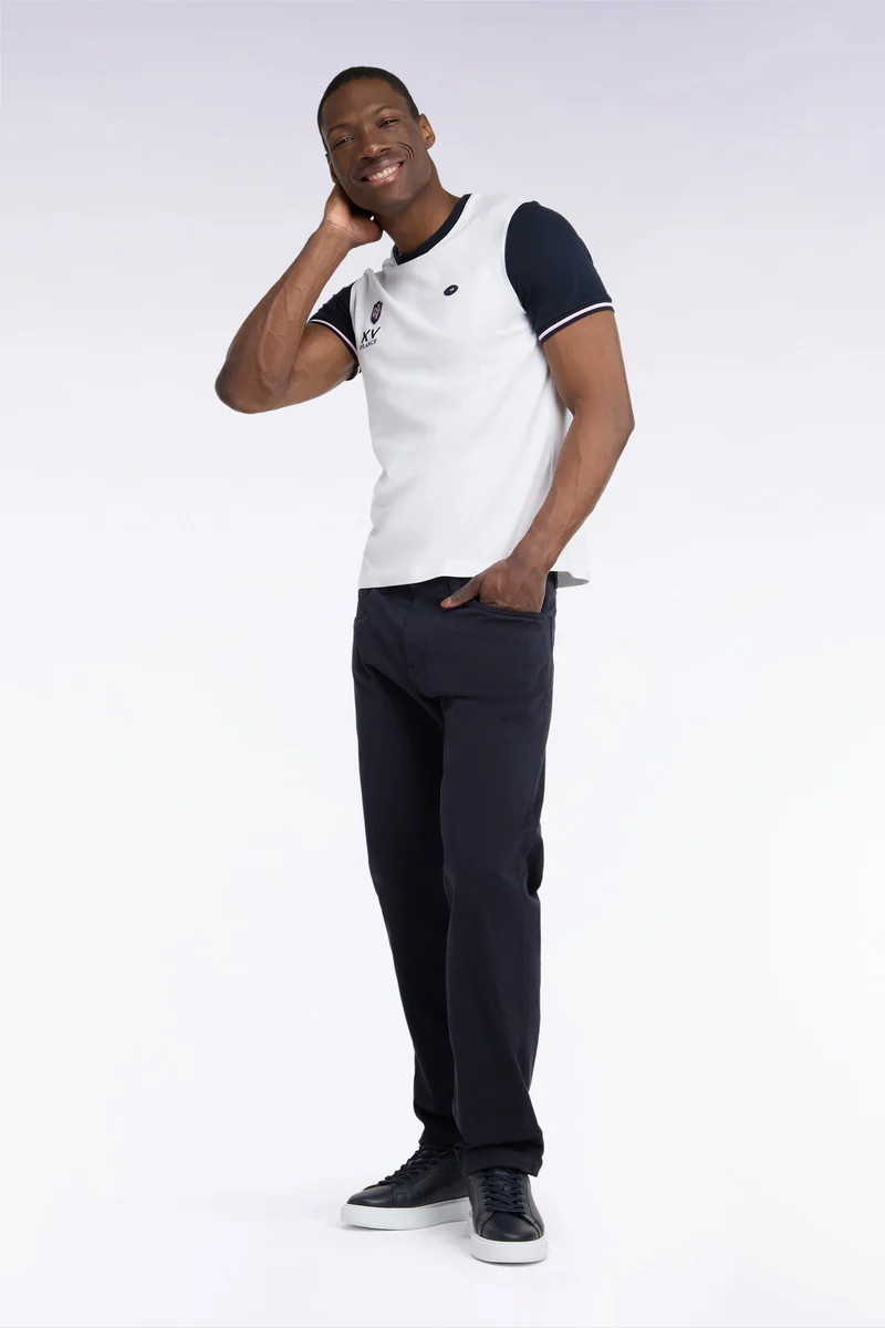 Pantalon 5 poches en toile de coton stretch marine coupe regular