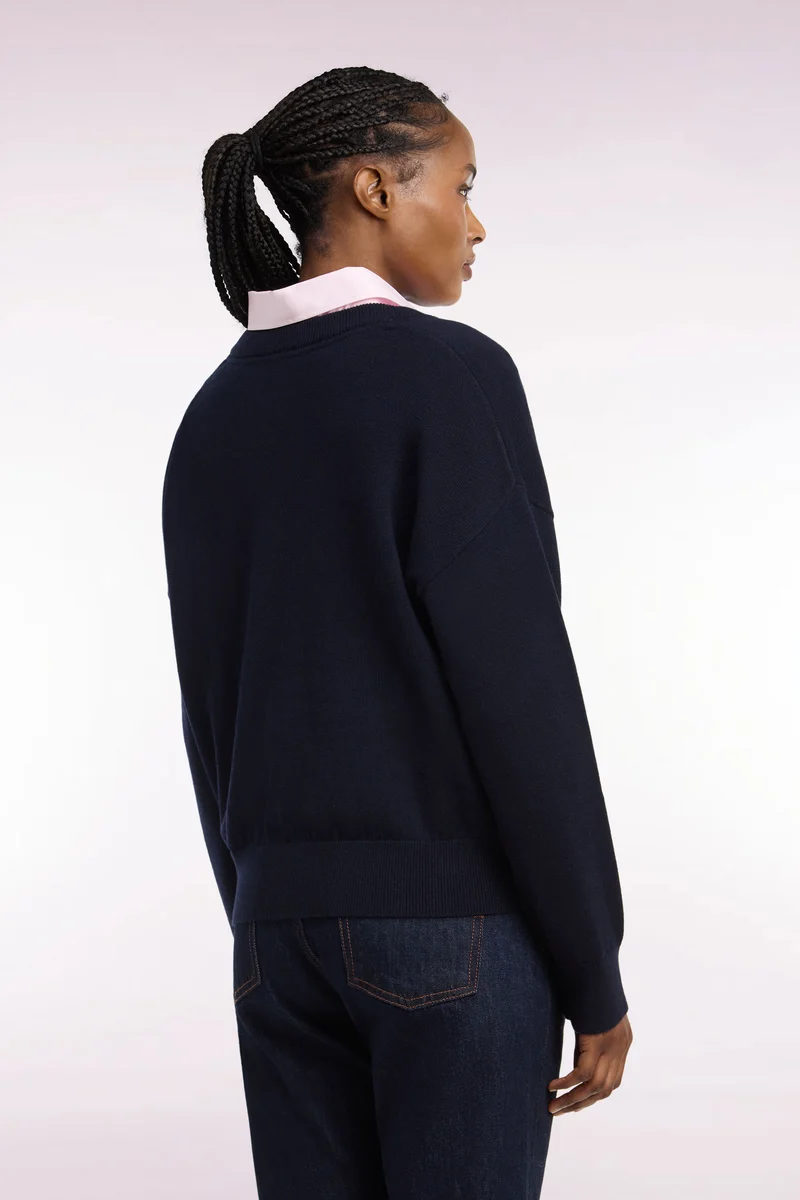 Pull col V en laine et coton marine coupe oversized