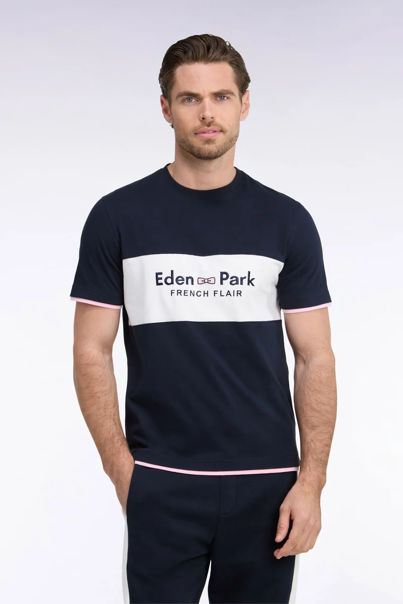 T-shirt manches courtes bicolore à découpe écrue brodé coupe droite