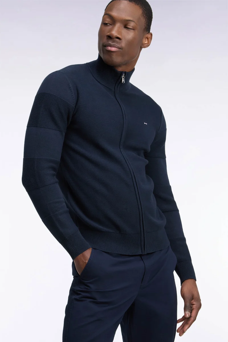Cardigan en jersey coton marine zippé broderie dos rayée