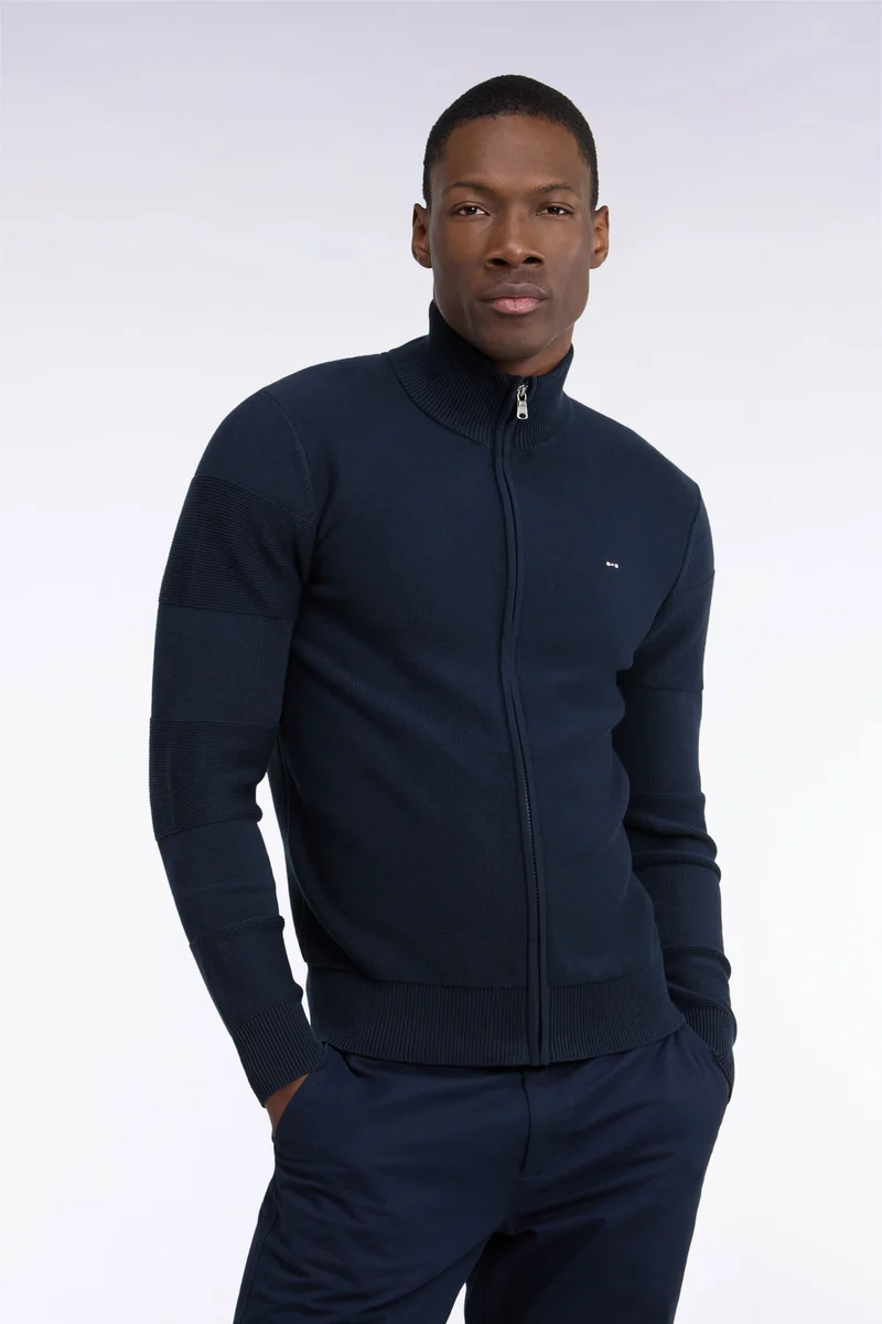 Cardigan en jersey coton marine zippé broderie dos rayée