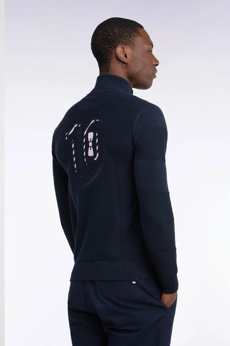 Cardigan en jersey coton marine zippé broderie dos rayée
